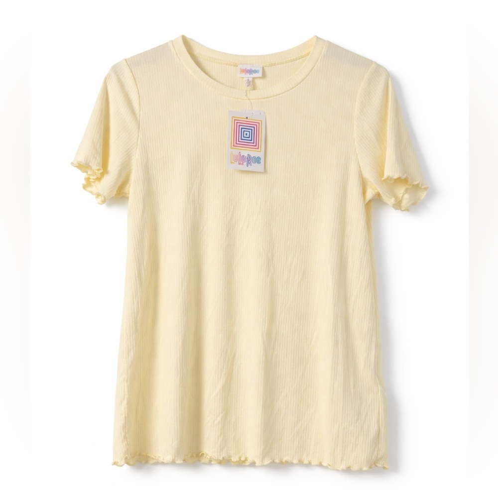LuLaRoe Cream Ribbed Lettuce Hem Short Sleeve Top Women’s Size Large NWT